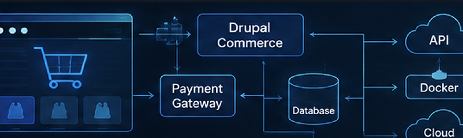 eCommerce architecture connecting a storefront to Drupal Commerce, payments, database, API, Docker, and cloud services